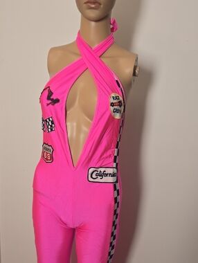 Forplay Hit Pink Cross-Halter Racer Girl Jumpsuit with Checkered Panels - S/M